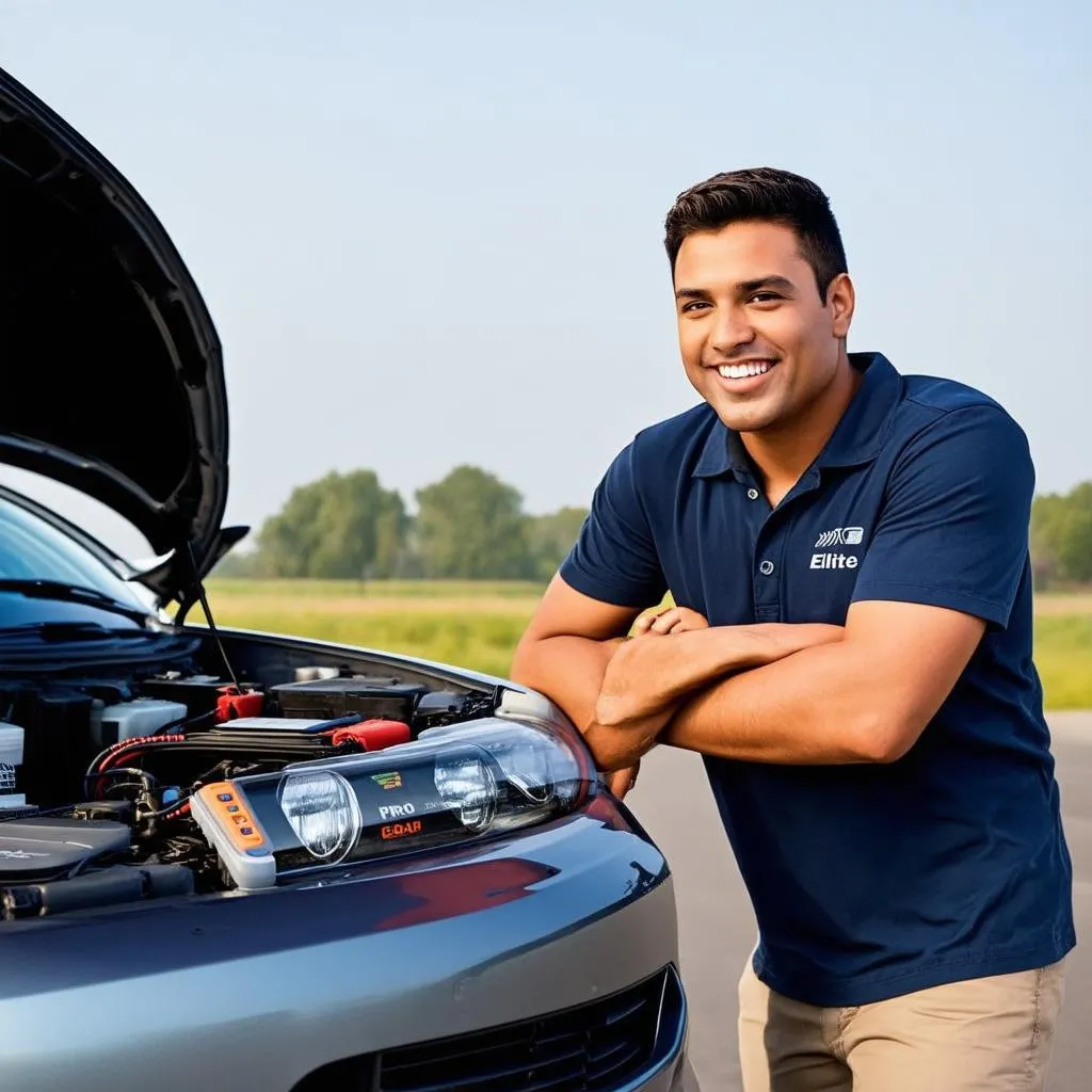 A man stands smiling with his arm resting on the roof of his car. The hood is open and there's a Diag Elite II Pro J2534 OBD scanner plugged in.